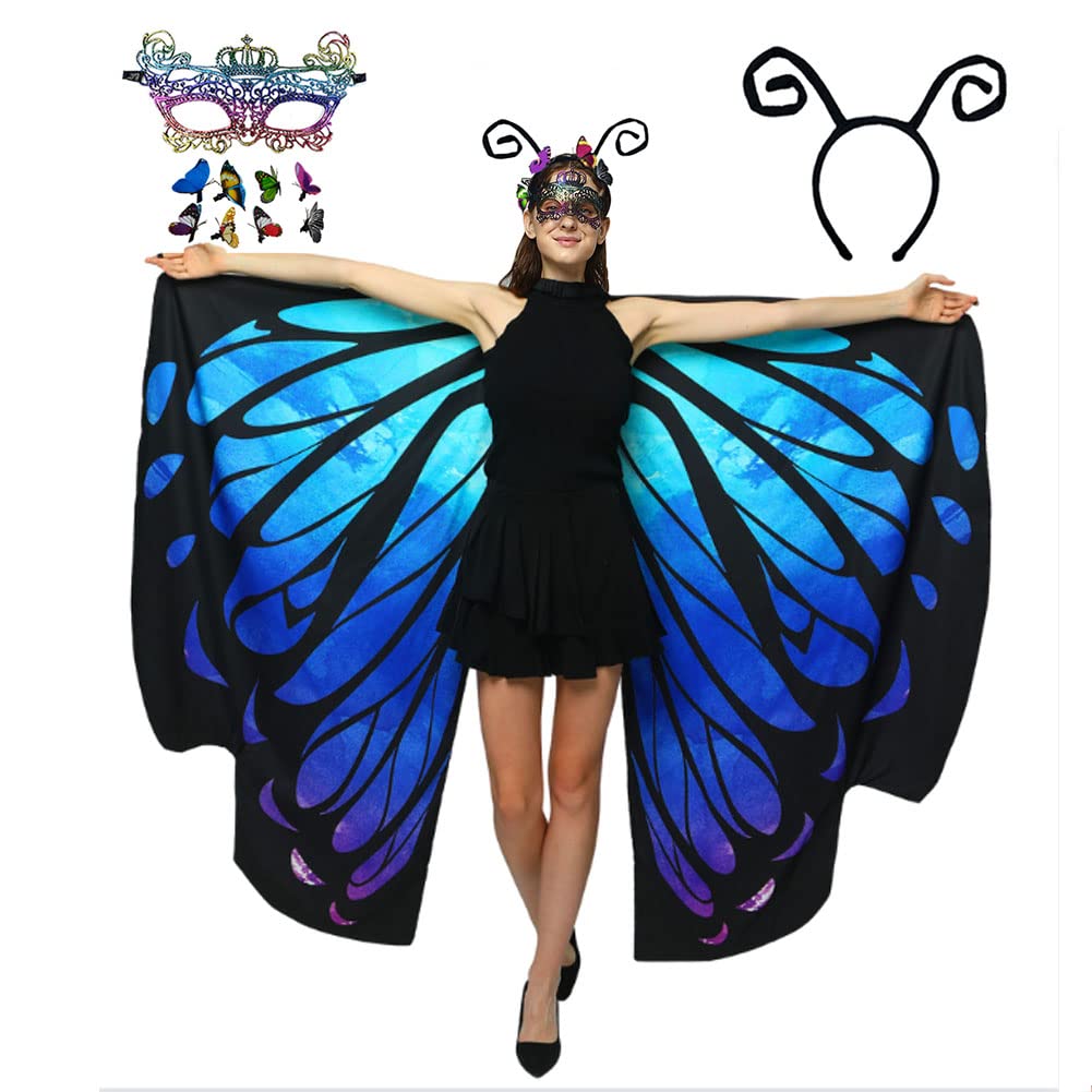 HAPNBCELE Womens Double-Sided Butterfly Wings Costume, Butterfly Cape with Lace Mask Headband Fairy Party Halloween Christmas (Blue Purple, 165 x 135cm) — image 1