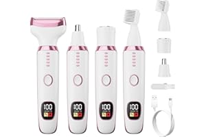 RUIBO Electric Razors for Women, Bikini Trimmer 4 in 1 Lady Shaver, Wet/Dry Cordless Hair Remover for Nose Hair Face Eyebrow Arms Legs Armpit Underarm Pubic Area Electric Grooming Set LED Display