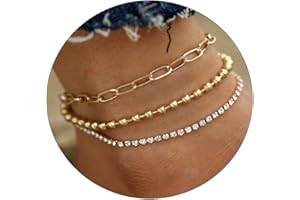 TOBENY 3PCS Ankle Bracelets for Women Teens 14K Gold Plated Anklets Bracelets Cuban Link Tennis Snake Paperclip Chain Cubic Zirconia Dainty Layered Anklet Set Summer Beach Anklets Jewelry Gift