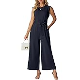Lepunuo Jumpsuits for Women Dressy Casual Crewneck One Piece Overalls Wide Leg Jumpers Wrinkle-Free Tie Knot Rompers