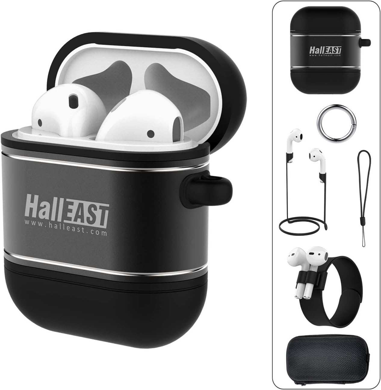 HALLEAST AirPods Case, 6 in 1 Air Pods Accessories Kits Protective Cover Skin Holder Silicone Metal for Apple Airpod 2 & 1, Not for Wireless Charging, Black