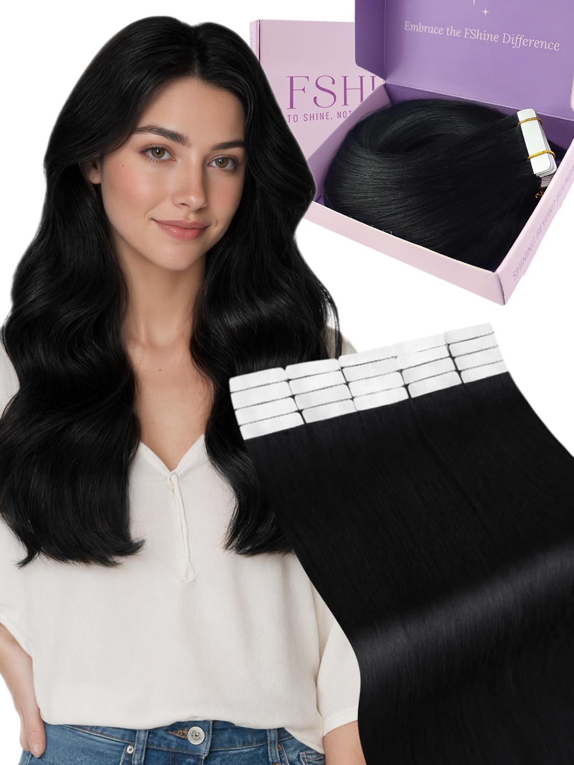 Fshine Tape Hair Extensions Real Human Hair,22 Inch 50 g 20 Pcs,Color 1 Jet Black,Black Tape in Extensions Natural Silky Straight,for Daily Wear and Party for Women — image 1