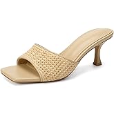 Goderci Kitten Heels for Women Square Open Toe Slip On Heeled Sandals Mid Mule Heels Casual Dress Shoes