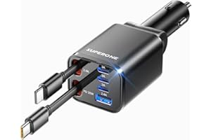 Retractable Car Charger, SUPERONE 99W Car Phone Charger with Cables Fast Charging, USB C Car Charger Adapter for iPhone 17 16 15 14 13 12, Samsung, Black
