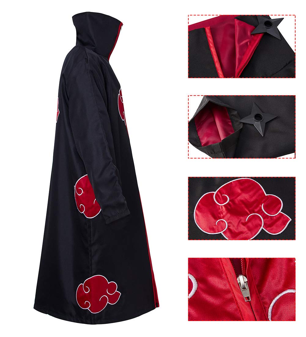 Ocsoc Halloween Cosplay Akatsuki Cloak Costume with Headband Necklace and Ring Itachi Cosplay for Unisex Naruto Fans Black