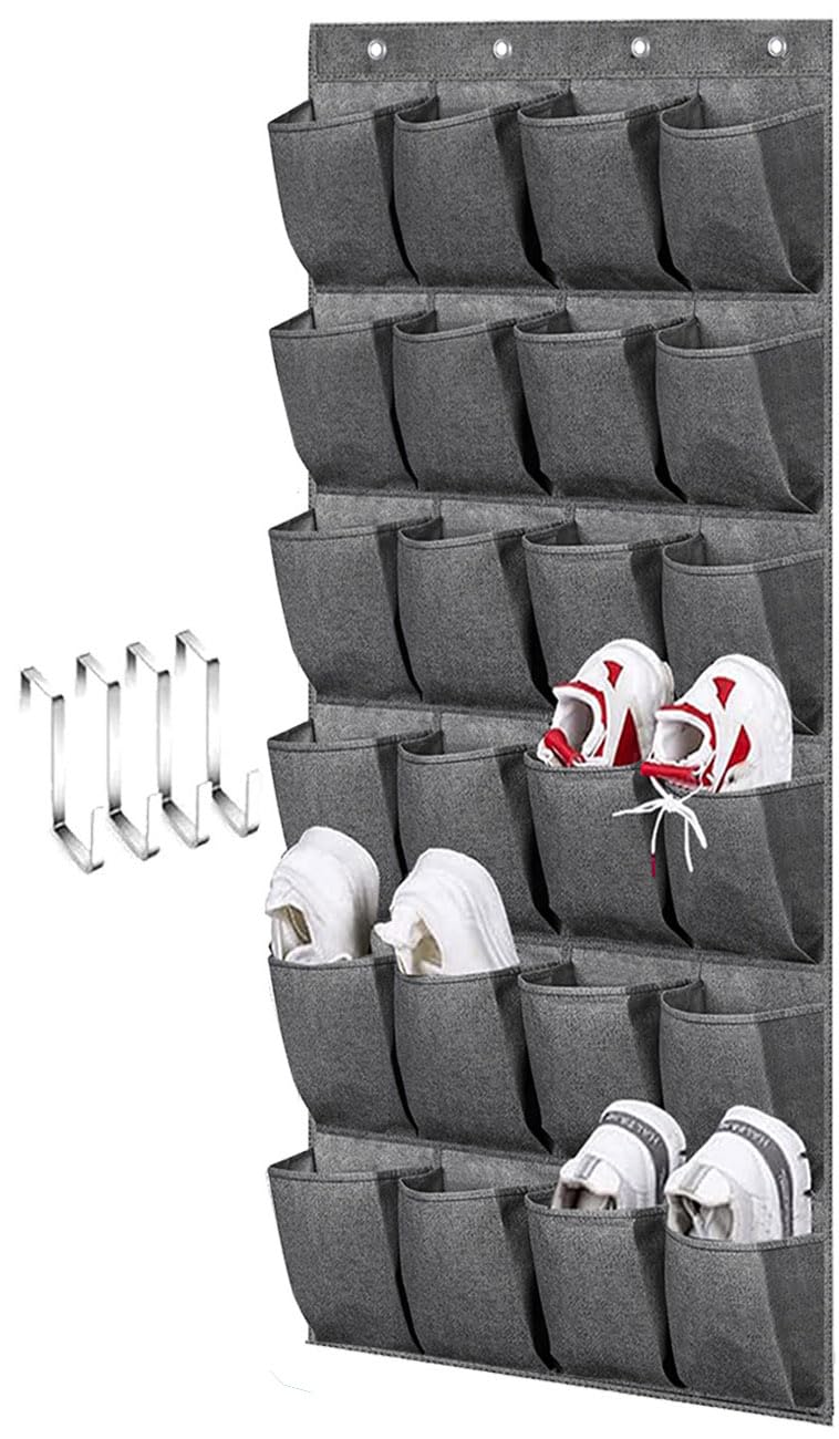 MISSLO Fabric Over Door Shoe Rack Holder Hanging Shoe Storage Organiser with Hanger for for Wardrobe Wall Mounted 24 Large Pockets for Men Women Kids, Grey