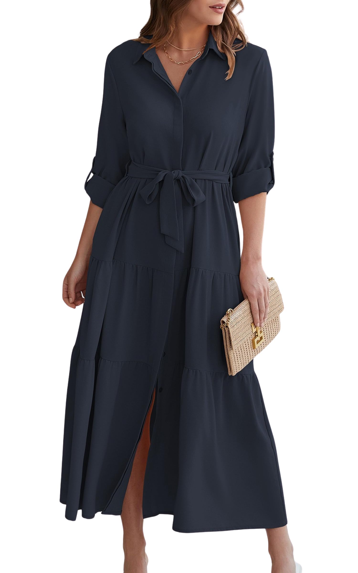 Photo 1 of ECOWISH Women's Maxi Shirt Dress - 2025 Long Sleeve Button Casual Fall A-line Work Tiered Dresses with Belt and Pockets Navy X-L