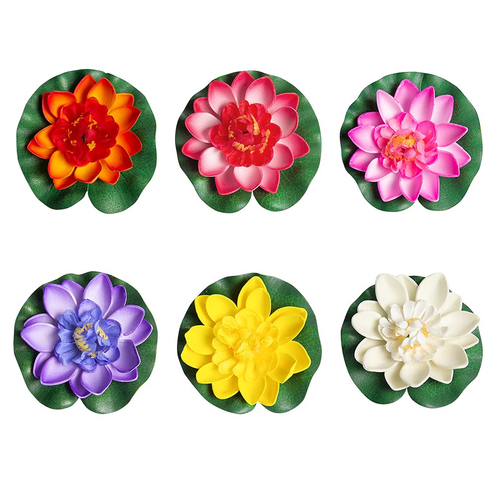 Sixfolo Set of 6 Artificial Lotus Foam Flower 10 cm Floating Water Lily for Decoration Summer Fountain Small Ponds,6 Colors NC049