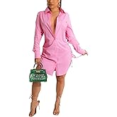 Women's Casual Long Sleeve Button Down Shirts Mini Dress Sexy V Neck T-Shirts Tops Loose Collar Long Blouse Wrap Dress