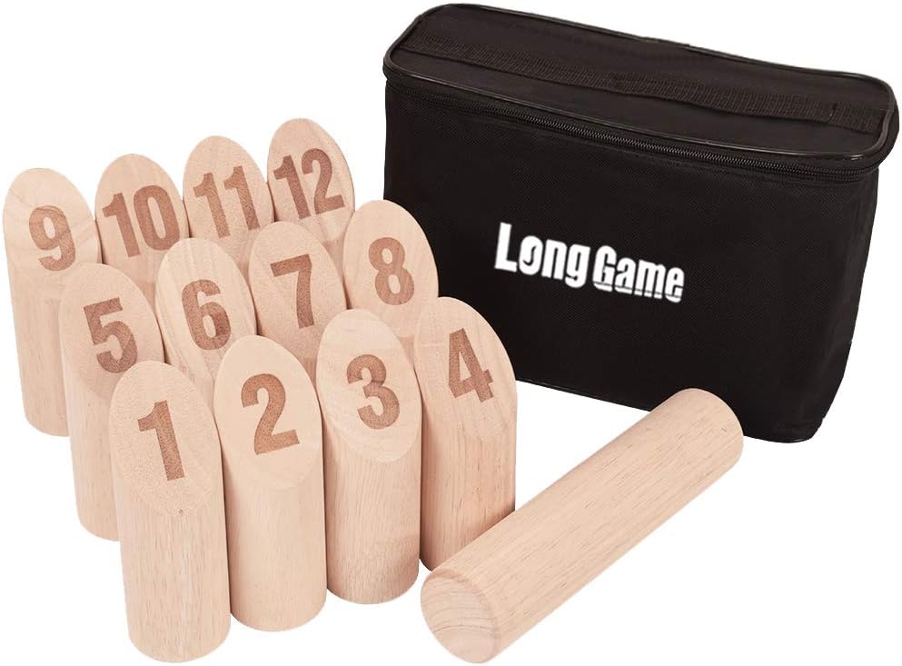 NI-ROU Wooden Outdoor Throwing Scatter Yard Game 12 Numbered Pins Premium Hardwood Backyard Tossing Game Family Lawn Stacking Smite Games for All Ages
