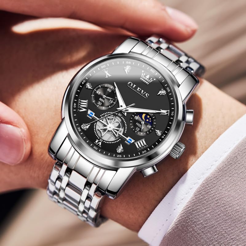 OLEVS Men Silver Watches,Men's Stainless Steel Chronograph Watch,Man Analog Quartz Big Face Male Watches Luxury Waterproof Roman Numeral Dress Diamond Relojes para Hombre