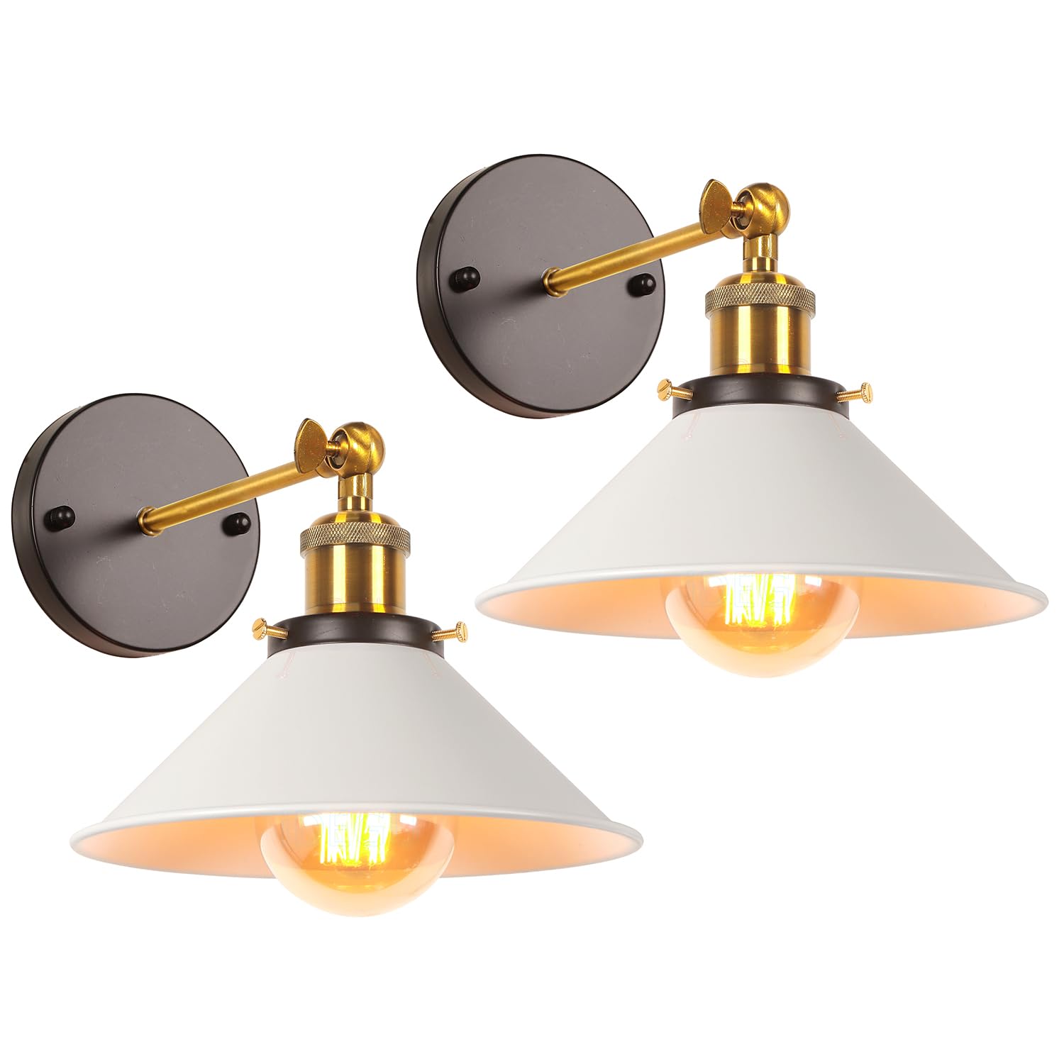 iDEGU 2 Pack Vintage Wall Lights Industrial Wall Lamp Fixtures Retro Edison Style Metal Wall Sconce with 180° Adjustable Angle E27 Lamp for Kitchen Dining Room Loft Coffee Bar, Diameter 22cm, White
