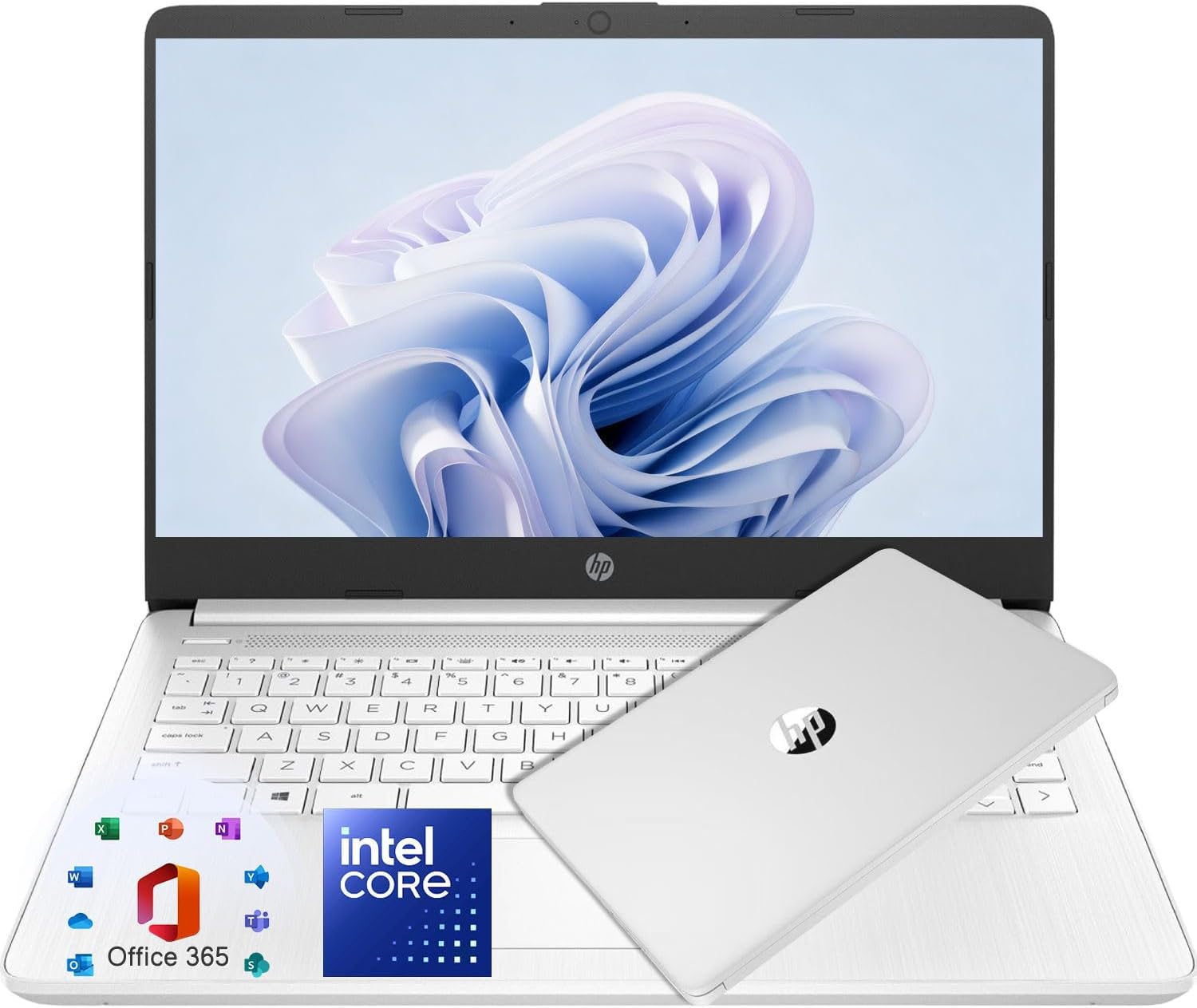 HP 14" Laptop, Intel Dual-Core CPU, 4GB RAM, 64GB SSD+ 1TB Cloud Storage, Snowflake White, HD Display, Windows 11, Microsoft 365