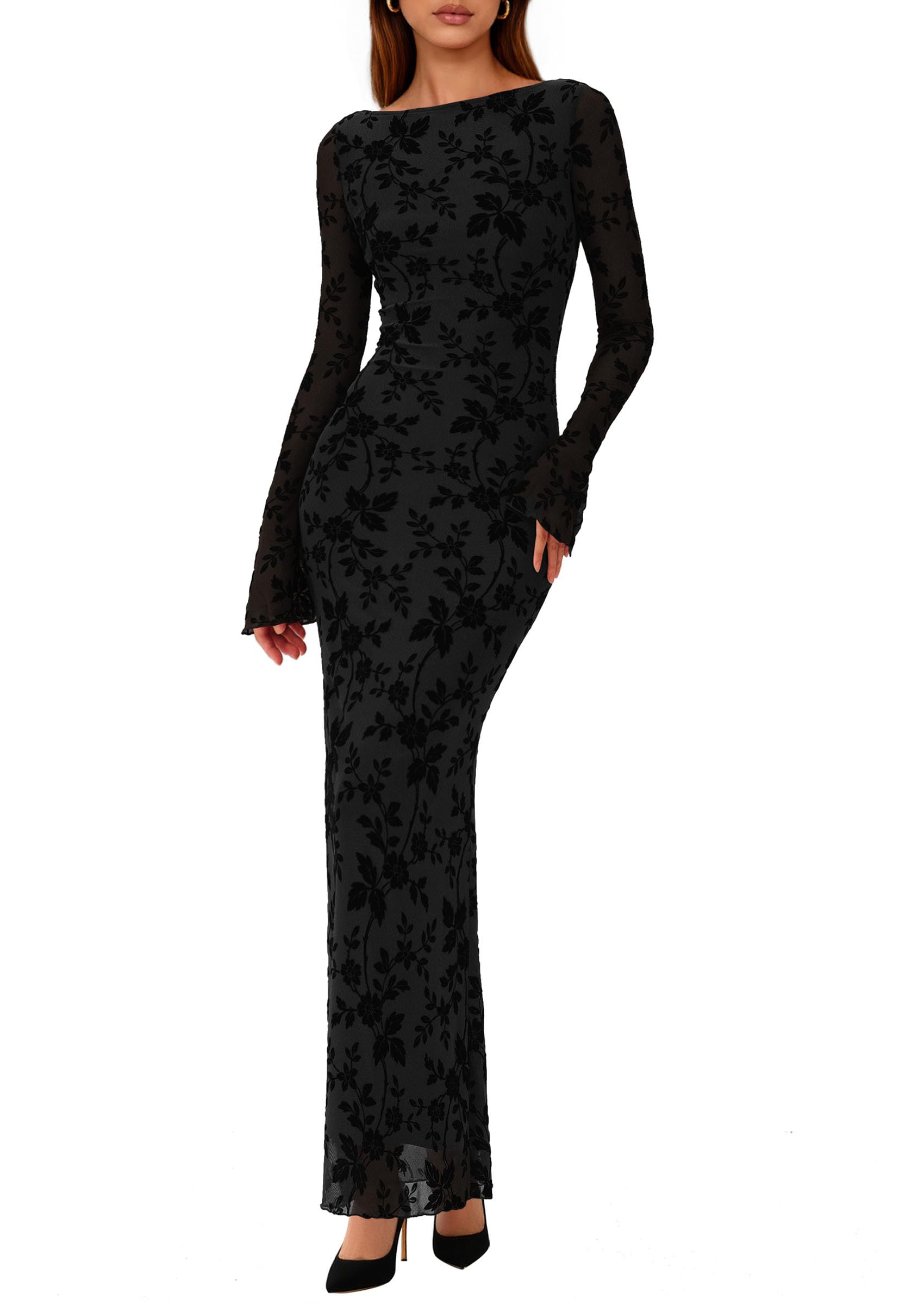 Photo 1 of PRETTYGARDEN Women's Floral Bodycon Maxi Dress 2026 Spring Elegant Mesh Long Sleeve Formal Wedding Guest Cocktail Dresses (Black,Large)