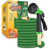 Flexi Hose with 8 Function Nozzle, 100FT - Lightweight Expandable Garden Hose, No-Kink Flexibility, 3/4 Inch Solid Brass Fittings and Double Latex Core - Green