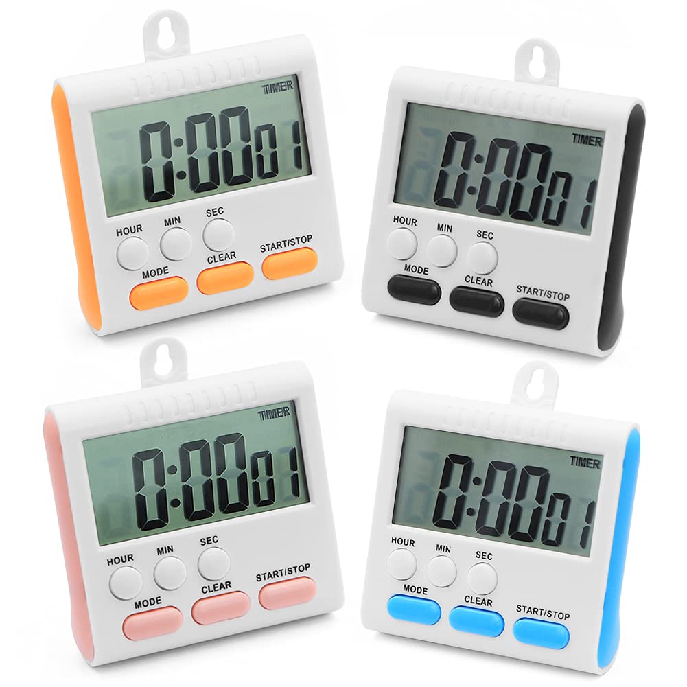 24 Hour Kitchen Timer,4 PCS Digital Magnetic Timer With Alarm,4-Color Oven Timers With Stand for Kitchen Cooking Shower Bathroom Kids Teacher Gym Classroom Children(6-buttons)