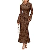 ZESICA Women's Long Sleeve Floral Bodycon Dress 2026 Spring Fall Ruched Mesh Wedding Guest Cocktail Party Maxi Dresses