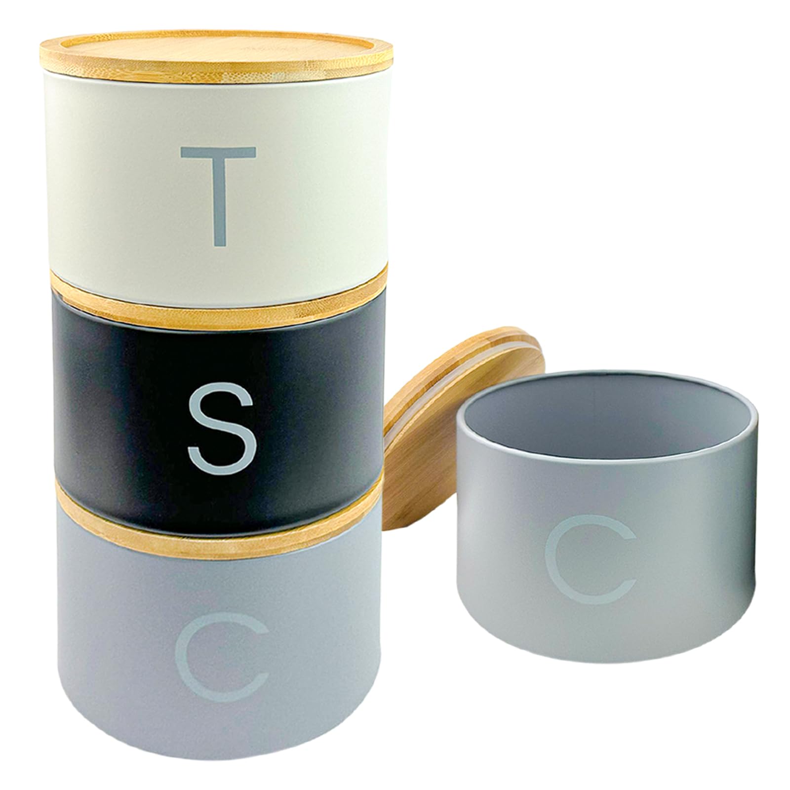 SAFRI 3 Pieces Jar with Wooden Lid Tea Coffee Sugar Canister Storage Container Bowl Pots Kitchen Storage Tins (Black, White & Grey)