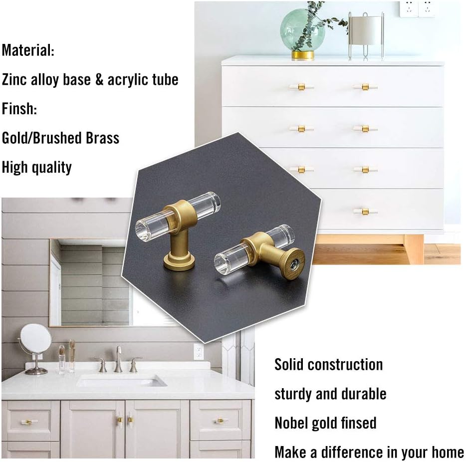 LONTAN 20 Pack Kitchen Cabinet Knobs Brass Cupboard Knobs Arylic Cupboard Door Knobs Gold Drawer Knobs Gold Kitchen Knobs T Bar Drawer Pull Knobs 12mm Diameter - Image 5