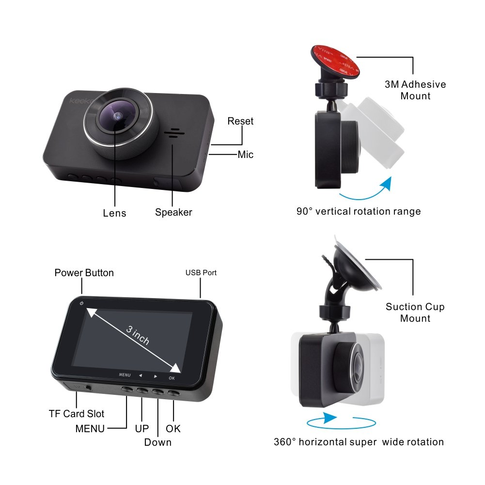 Car Dash cam Recorder,Full HD 1080p,Parking Mode and Wide 156 Degree Angle Large 3 inch LCD,WDR Function Keeken G229