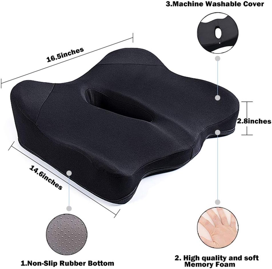CSJT Seat Cushion 100% Pure Memory Foam Office Chair Cushion, Washable & Breathable Cover, with 3D Contoured Eye Masks, Tail Bone Pressure Relief, for Car, Wheelchair, Yoga Meditation Cushion, Black: Home & Kitchen