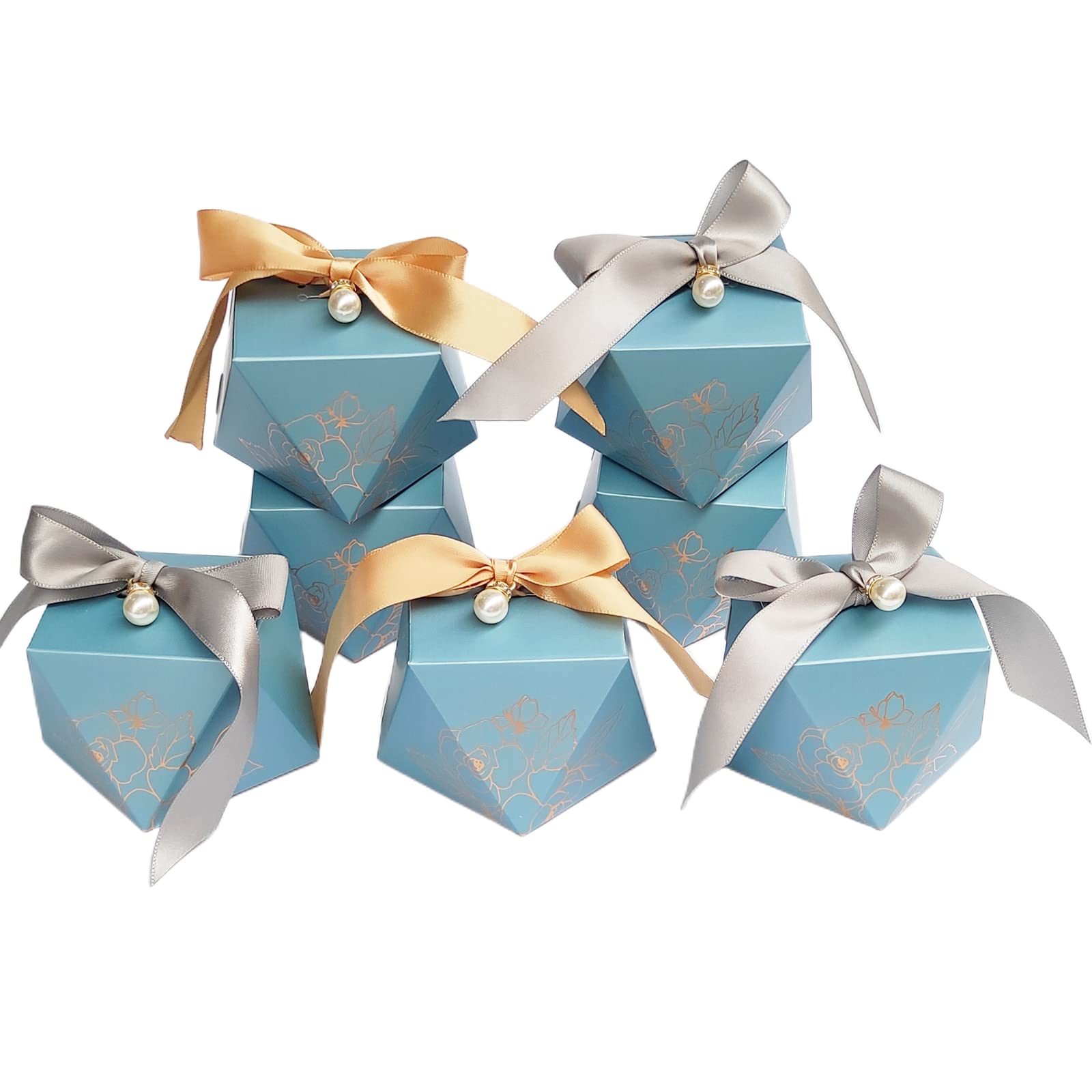 Photo 1 of Awcmtpsyol Gift Box Diamond Shape Wedding Favors Decoration Baby Shower Birthday Party Chocolate Packing Candy Boxes for Guests with Ribbon and Pearl (blue box with gold ribbon)