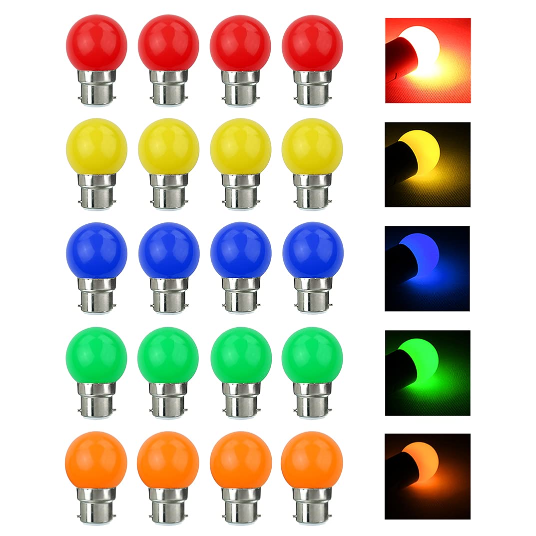 V-TOO LED 20 Pack Coloured Light Bulb B22 Bayonet LED Bulbs 3W Multi Colour Light Bulbs Mood Ambiance Lighting for Home Decoration Party Patio Christmas Effect Lights Red Blue Yellow Green Orange — image 1