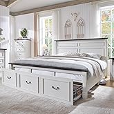 Aitjunz Farmhouse King Size Bed Frame with 51" Tall Headboard, Wood Platform Bed Frame with 20" Tall Roman Column Decoration Footboard & 3 Large Storage Drawers, No Box Spring Needed (White)