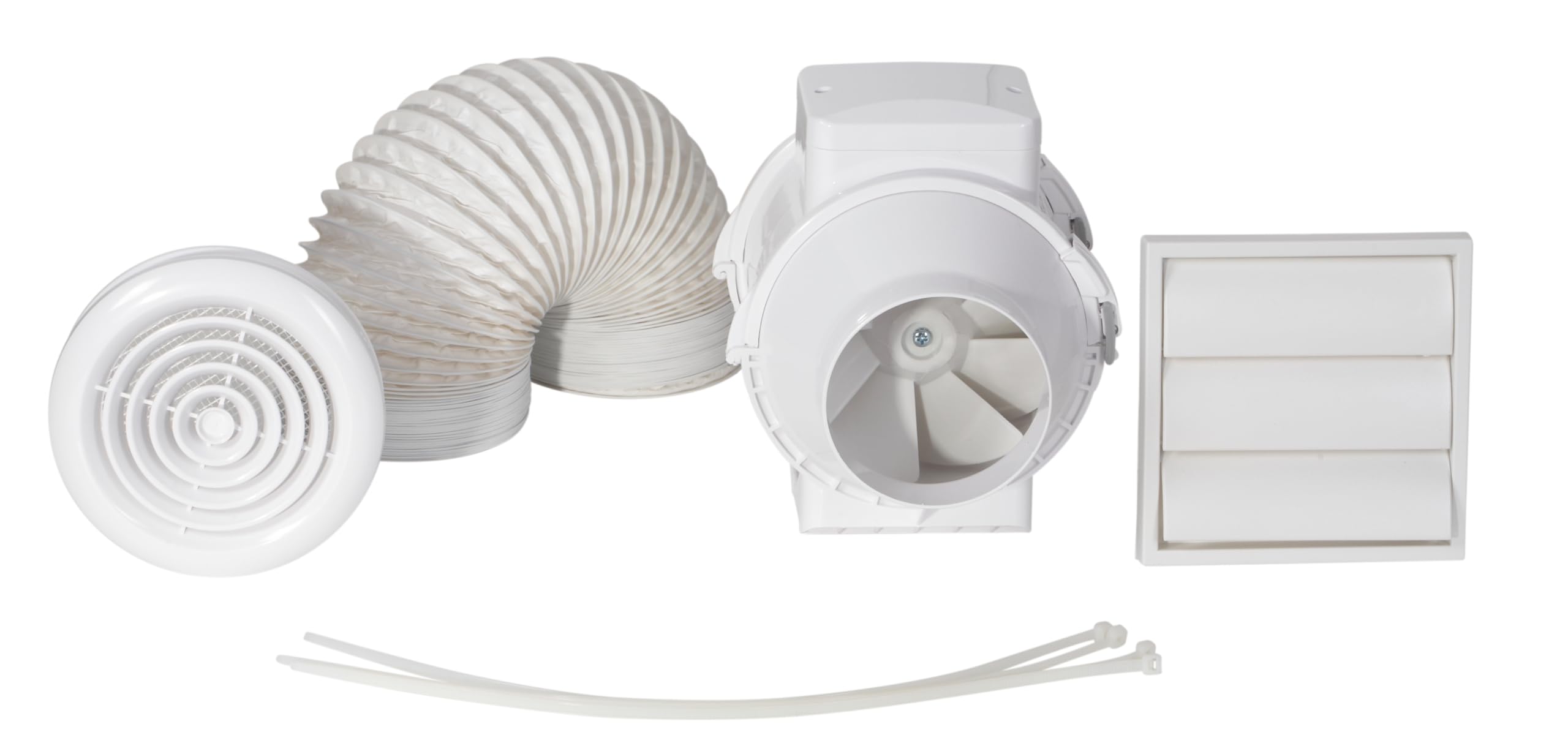 Airflow Aventa 100T In‑Line Shower Extractor Fan Kit with Adjustable Timer - 52l/s -100mm Mixed Flow Fan, High Pressure, Includes 6m Flexible Ducting, Grille & Accessories - 3 Yr Warranty