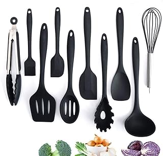 Adkwse Küchenset Silikon, Kochbesteck Set Advanced Hitzebeständige Küchengeräte Kochzubehör Antihaft-Küchenbackwerkzeuge ,Schneebesen, Grillzangen etc 10 Stücke