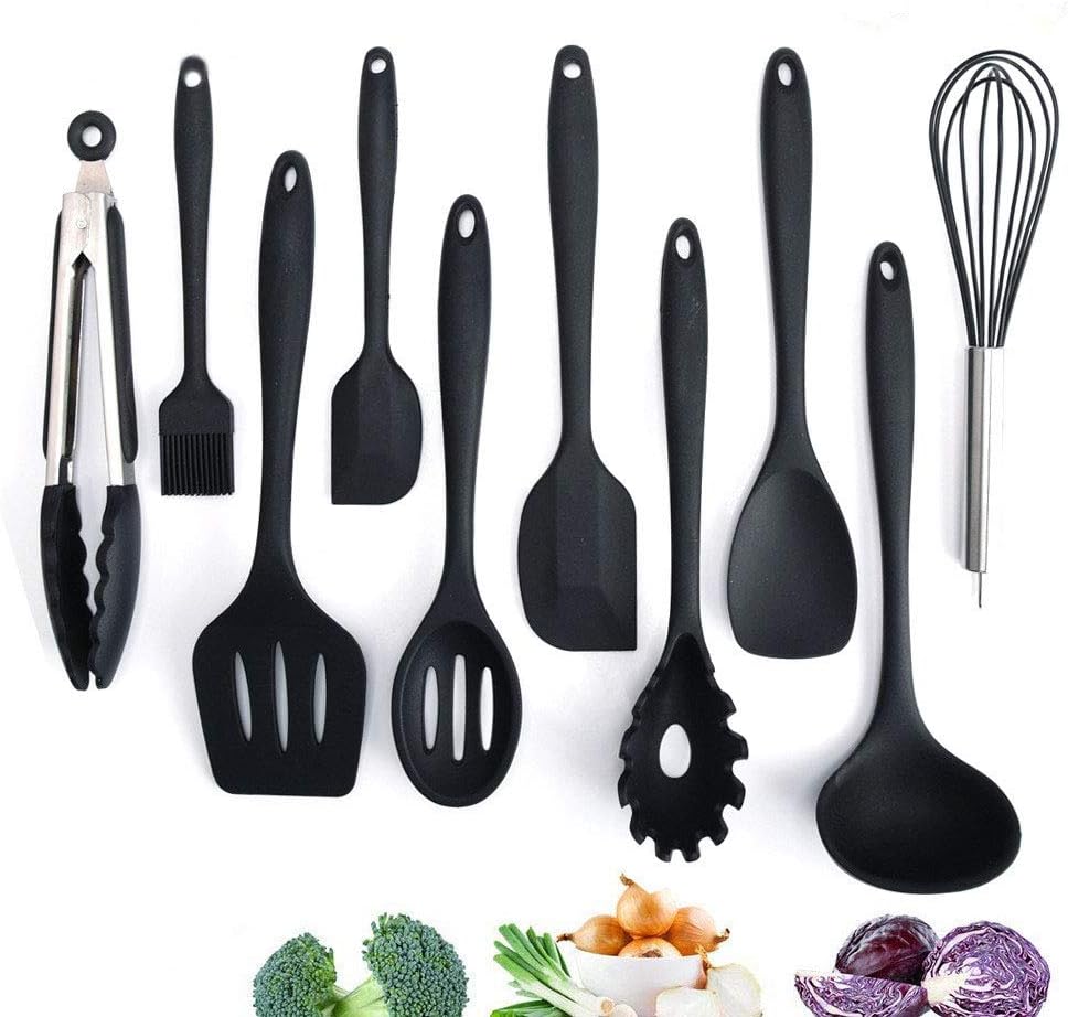 Adkwse Küchenset Silikon, Kochbesteck Set Advanced Hitzebeständige Küchengeräte Kochzubehör Antihaft-Küchenbackwerkzeuge ,Schneebesen, Grillzangen etc 10 Stücke