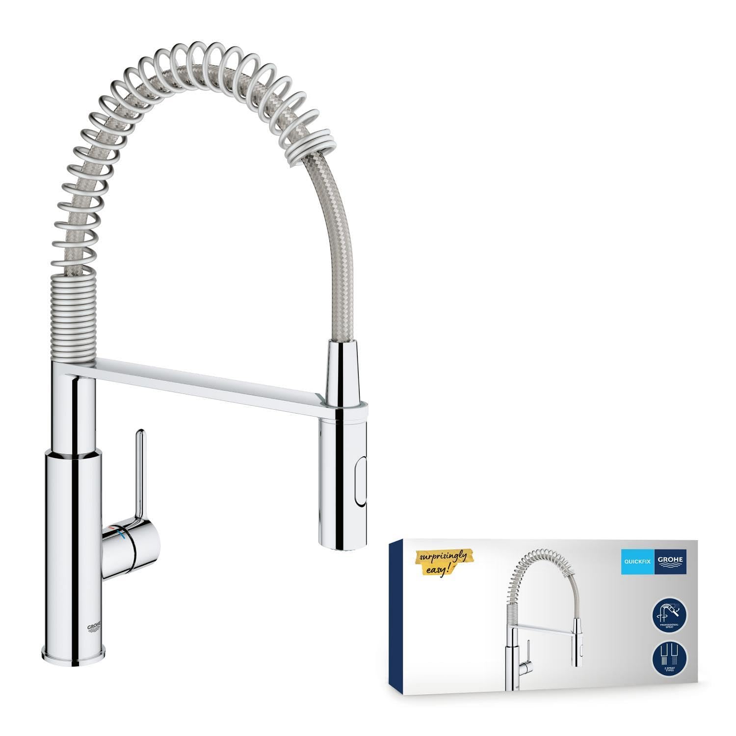 GROHE Get, Küchenarmatur 2 Strahlarten (Wasserhahn Küche mit beweglicher Dualbrause, 360° schwenkbar, wassersparend dank variabler Mengenbegrenzung, werkzeugfreie Spülbecken-Montage), chrom, 30361000
