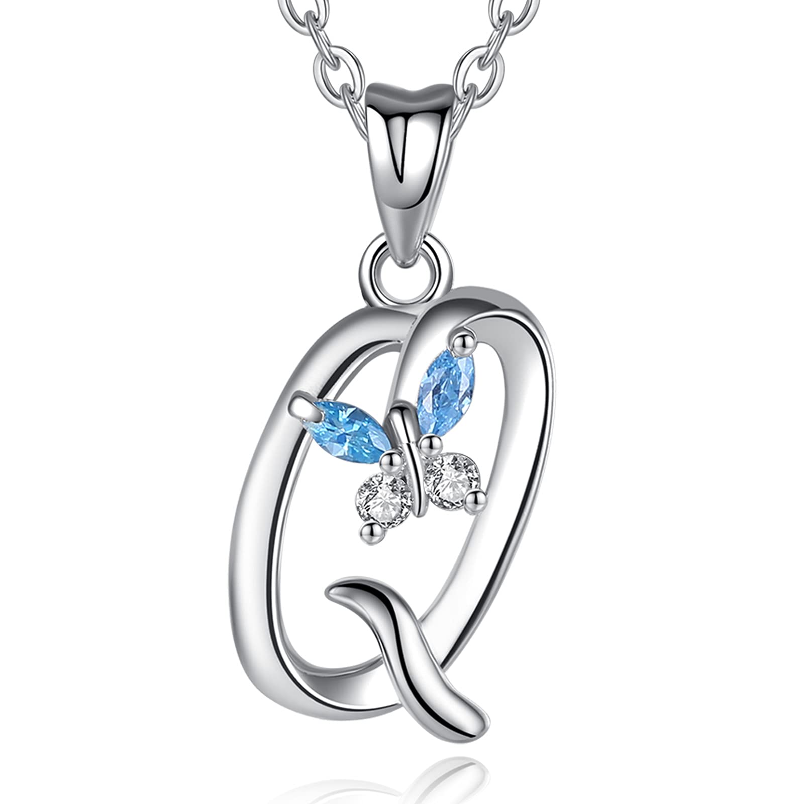 EUDORA Initial Butterfly Necklace 925 Sterling Silver Q Alphabet Letter Personalised Pendant Necklaces with Blue Cubic-Zirconia Gifts for Women Ladies, 18 inches Chain