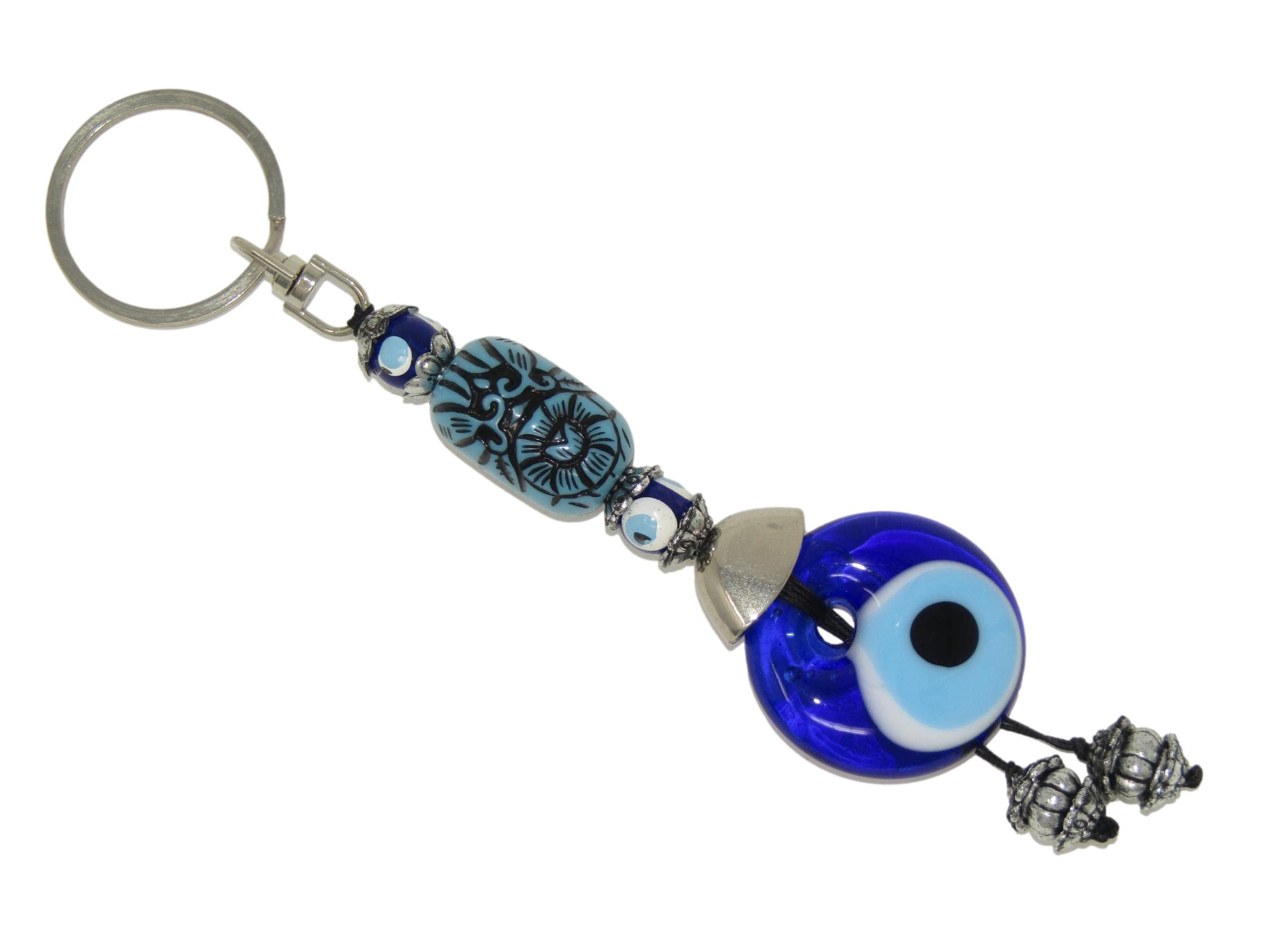 605- Glass Lucky Evil Eye Nazar Boncuk Amulet Charm Keyring Bag Hanger Protection & Good Luck, Blue, 12cm x 3cm