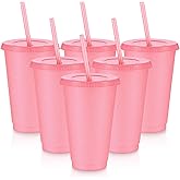 Uiifan 6 Pcs Reusable Tumbler with Lids and Straws Plastic Iced Coffee Tumbler Glitter Travel Mug Cup for Smoothie Juices Birthday Party Cold Drink Coffee Cup Bulk for Adult Kid Women(16 oz,Pink)