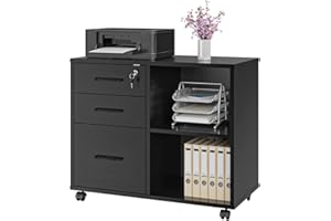 Panana 3 Drawer Office File Cabinets, Mobile Lateral Printer Stand with Open Storage Shelf, Rolling Filing Cabinet with Wheels Home Office Organization and Storage (Black)