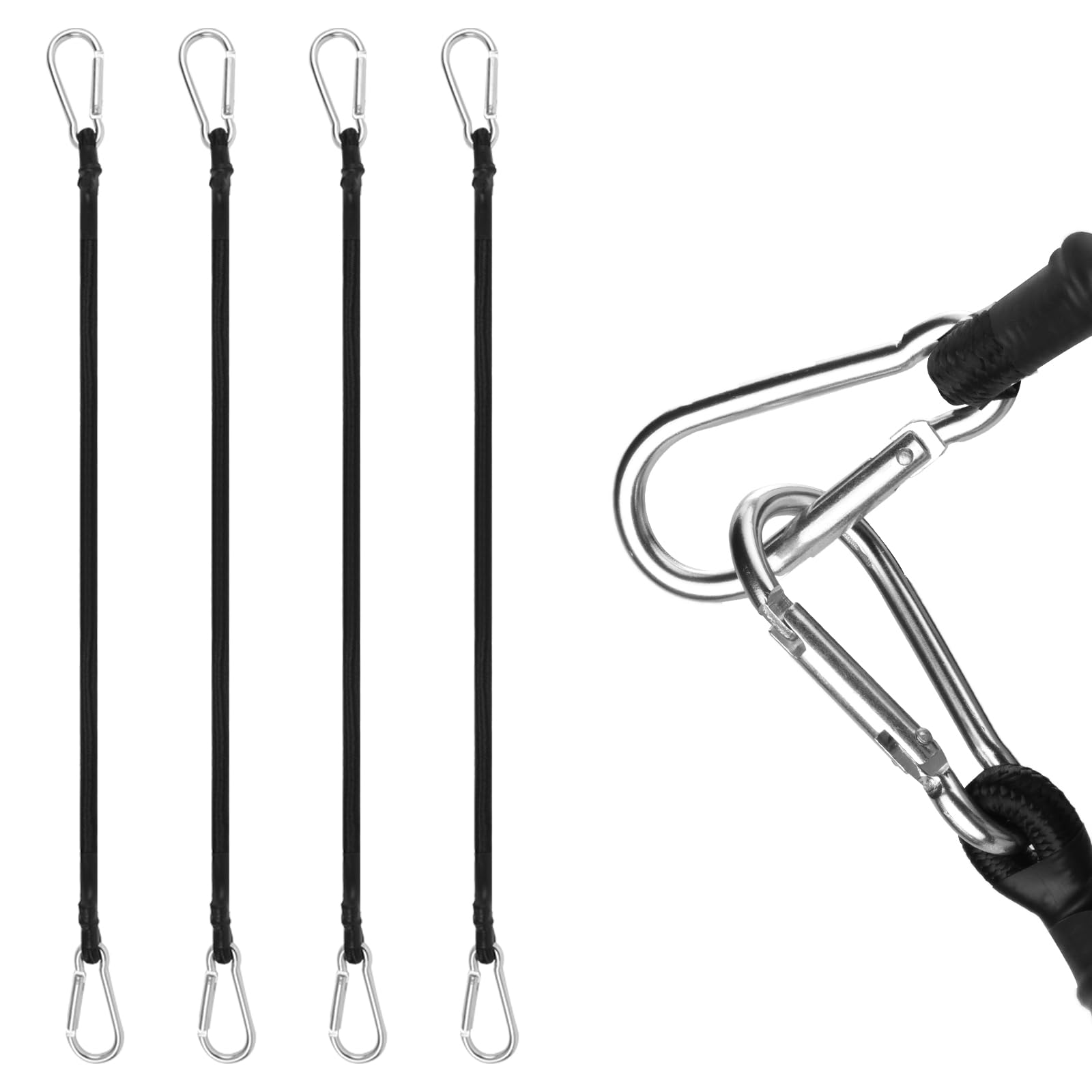 URAQT Bungee Cords with Carabiner Clips 60 CM, 4 Pack Long Heavy Duty Carabiner Bungee Cord, Retractable Straps, with Carabiner Hooks for Roof Racks, Trailers, Camping, Tarps, and Travel for All Users