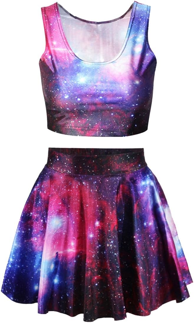 Annaqueen Women's Galaxy Print Crop Tank Top and Skater Skirt 2 Pieces Outfits