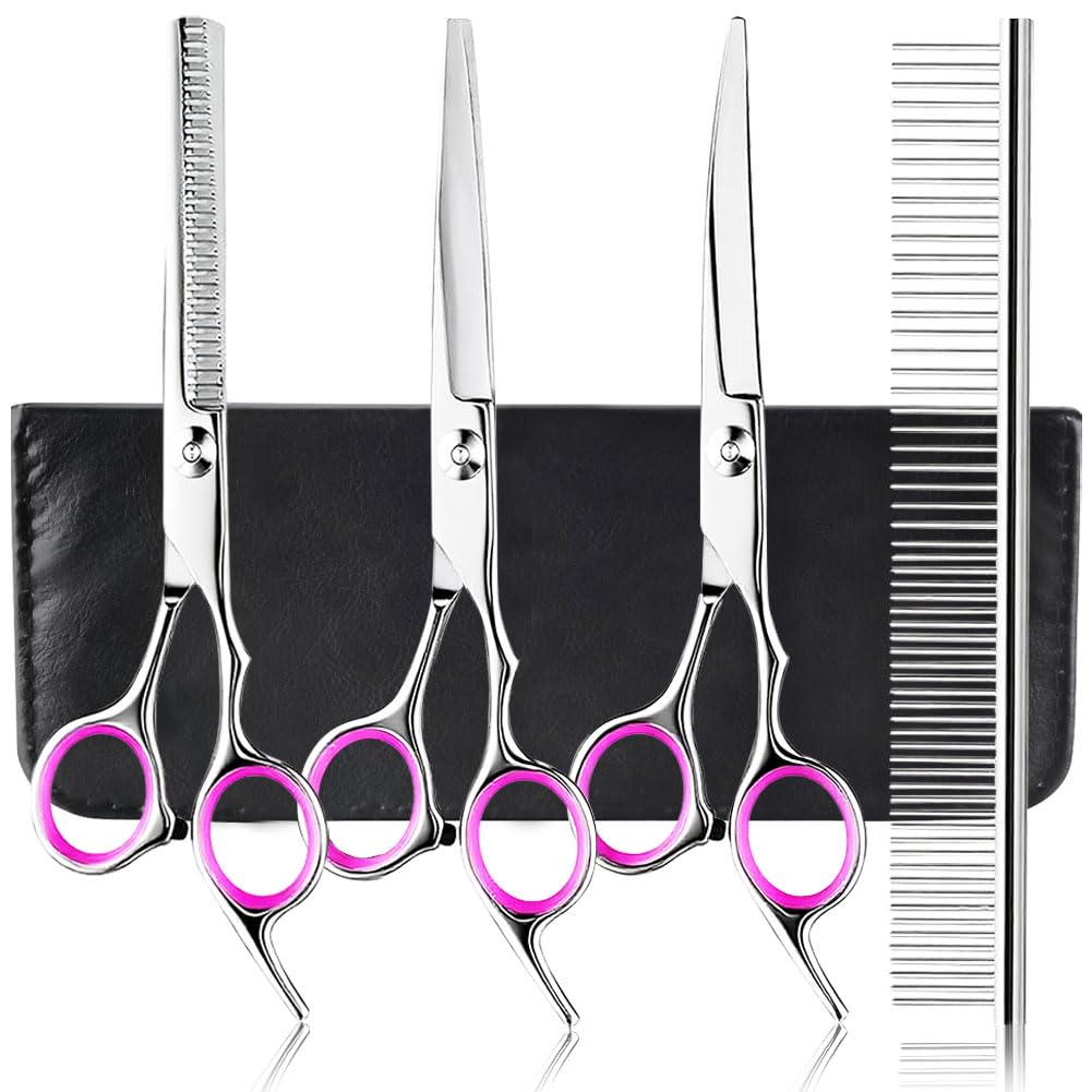 Adiwo Dog Grooming Scissors, 5 Pcs Stainless Steel Pet Trimmer Kit, Fashion Hair Cutting Grooming Tool for Dogs and Cats - with 6-inch Cutting Scissors, Thinning Shear, Curved Scissors, Grooming Comb