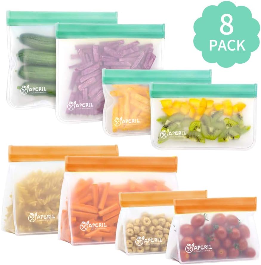 EXTRA THICK Reusable Storage Bags (8 Pack) Silicone and Plastic Free Zip Lock for Food, Lunch Sandwich | Small Kids Snack Size, Travel Baggies and More | Bag with Zipper and seal Lock Top Freezer Safe