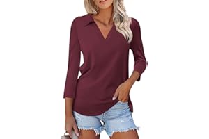 XIAXOGOOL Summer 3/4 Sleeve Tops for Women Polos V Neck Shirts Collared Casual Tops Basic Tees Blouse Cute Plain Tunics