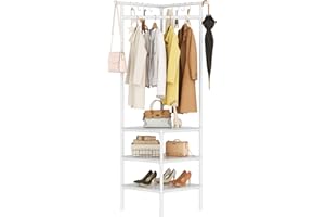 EAROND Corner Hall Tree,Standalone Coat Rack with 3-Tier Clothing Shoes Storage and 10 Hooks for Entryway,Hallway,Bedroom,Bathroom,Living Room,Office - White