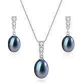 BAMIKI Pearl Necklace and Earrings Set, Saltwater/Freshwater Cultured Pearl 9-10mm, 925 Sterling Silver Drop Set with CZ Diamonds, Luxury Jewelry Gifts for Wife, Mom, Girlfriend
