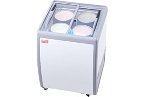 VEVOR Commercial Ice Cream Display Case, 5.6 Cu.ft Chest Freezer, Mobile Glass Top Deep Freezer, Restaurant Gelato Dipping Cabinet, 2 Sliding Glass Doors, Locking Casters, White