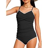 Doumlop Girls Tankini Swimsuit 2 Piece Criss Cross Bathing Suit Contrast Trim Ruched Girls' Swimwear for 9-16Y