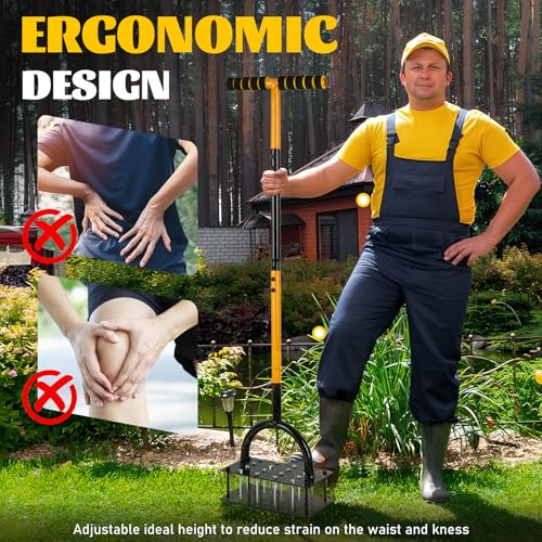 Lawn Aerator, Manual Garden Aerator for Lawn, Pre-Assembled 20 Iron Spikes, Adjustable T-Handle, Automatic Dirt and Leaf Clean Design, Garden & Grass aerator