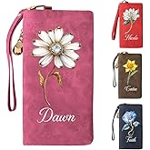 CALLIE Personalized Wristlet Wallet for Women | Custom Name PU Leather Card Holder Wristlet | Birthday Anniversary Valentines Gift for Her (Vintage Birth Flower)
