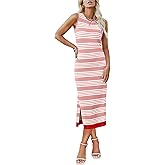 Zeagoo Womens Bodycon Midi Dresses Summer Casual Sleeveless Dress Women Knit Side Slit Striped 2025 Long Tank Dress