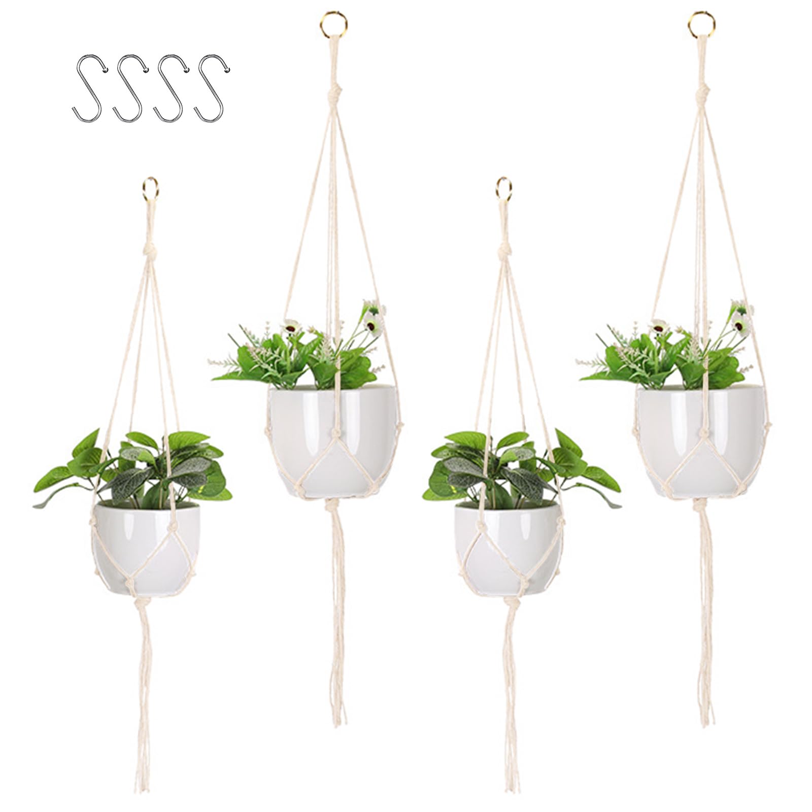 MisFun Macrame Hanging Basket Set of 4, Hanging Basket, Macrame Cotton Rope Hanging Basket Set, Boho Decorative Flower Pot for Plants, Holder Hanger for Indoor, Outdoor, Garden, Balcony, Patio, Window