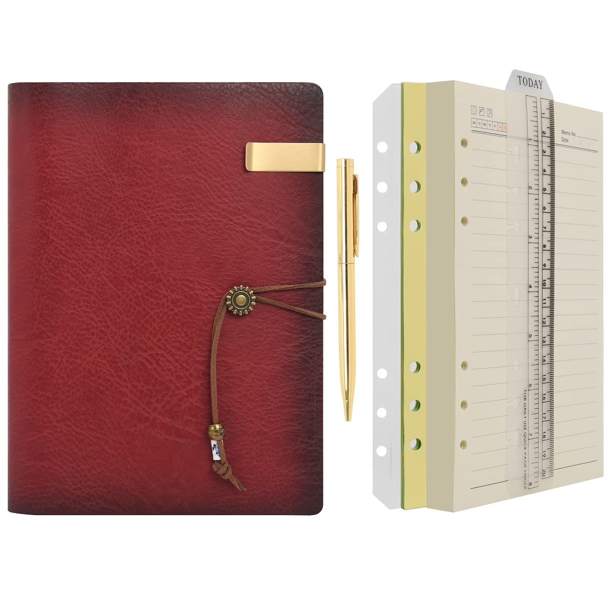 WONDERPOOL A5 Leather Diary Lined Paper Notebook & Pen - Refillable 6 Ring Binder Writing Spiral Journal for Office Travel Work and Plan Agenda(a-Wine red, A5)